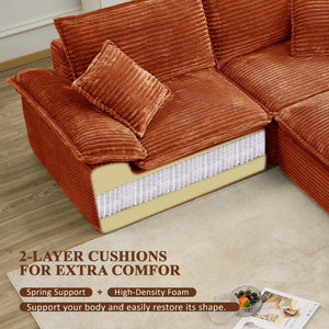 English Elm 113" Modular U-shaped Sectional Corduroy Cloud Couch with Movable Ottoman Living Room Orange W2817S00036