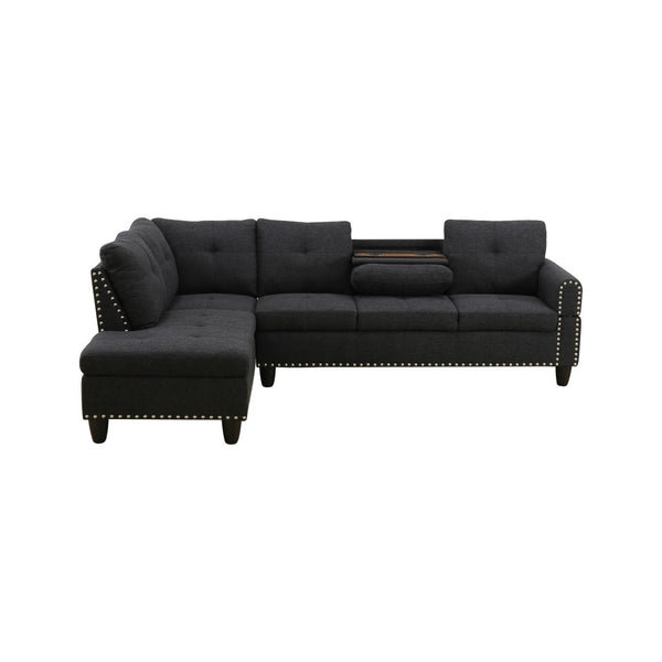 English Elm L Shaped Faux Leather Sectional Sofa with Cup Holders Nailhead Trim and Storage Ottoman Black Left W2817S00042