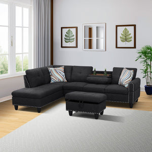 English Elm L Shaped Faux Leather Sectional Sofa with Cup Holders Tufted Nailhead Living Room Black Left W2817S00043