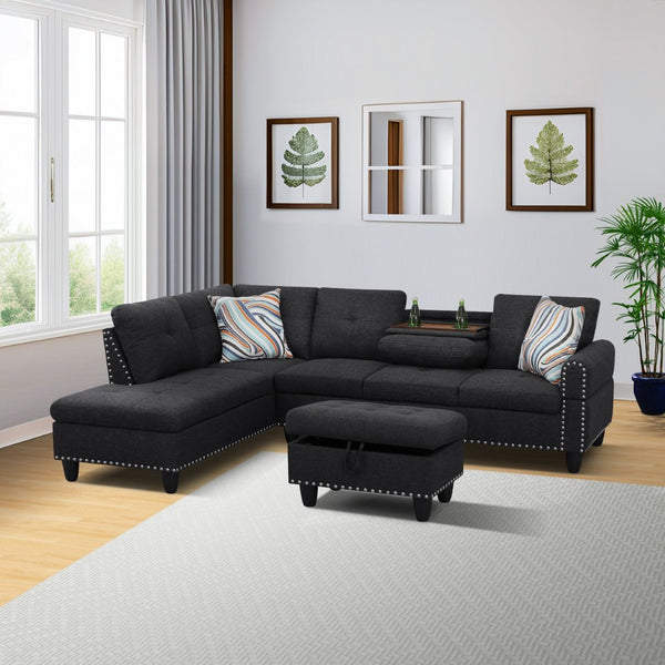 English Elm L Shaped Faux Leather Sectional Sofa with Cup Holders Tufted Nailhead Living Room Black Left W2817S00043