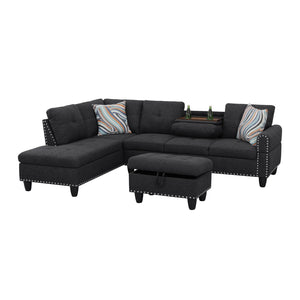 English Elm L Shaped Faux Leather Sectional Sofa with Cup Holders Tufted Nailhead Living Room Black Left W2817S00043
