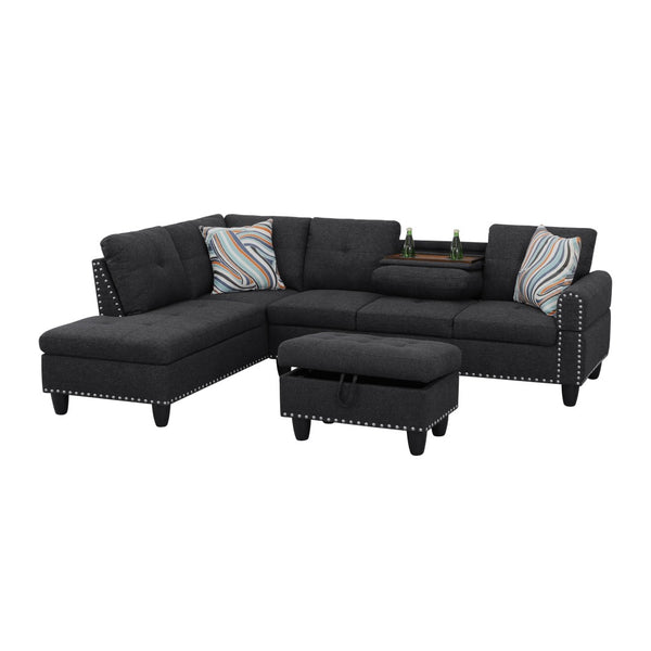 English Elm L Shaped Faux Leather Sectional Sofa with Cup Holders Tufted Nailhead Living Room Black Left W2817S00043