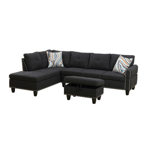 English Elm L Shaped Faux Leather Sectional Sofa with Cup Holders Tufted Nailhead Living Room Black Left W2817S00043