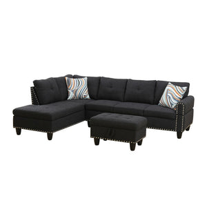 English Elm L Shaped Faux Leather Sectional Sofa with Cup Holders Tufted Nailhead Living Room Black Left W2817S00043