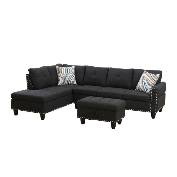 English Elm L Shaped Faux Leather Sectional Sofa with Cup Holders Tufted Nailhead Living Room Black Left W2817S00043