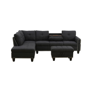 English Elm L Shaped Faux Leather Sectional Sofa with Cup Holders Tufted Nailhead Living Room Black Left W2817S00043