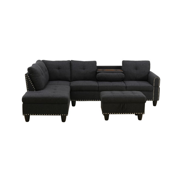English Elm L Shaped Faux Leather Sectional Sofa with Cup Holders Tufted Nailhead Living Room Black Left W2817S00043