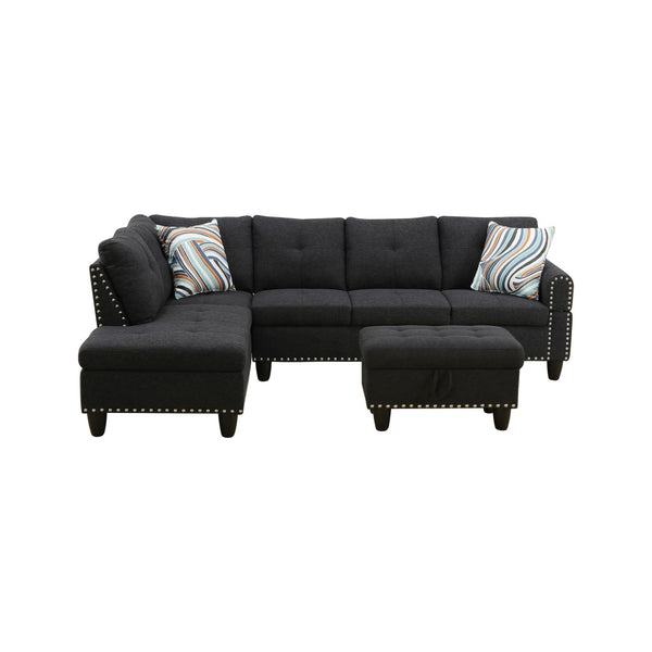 English Elm L Shaped Faux Leather Sectional Sofa with Cup Holders Tufted Nailhead Living Room Black Left W2817S00043