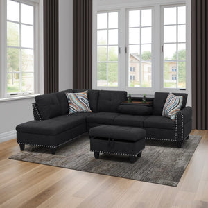 English Elm L Shaped Faux Leather Sectional Sofa with Cup Holders Tufted Nailhead Living Room Black Left W2817S00043