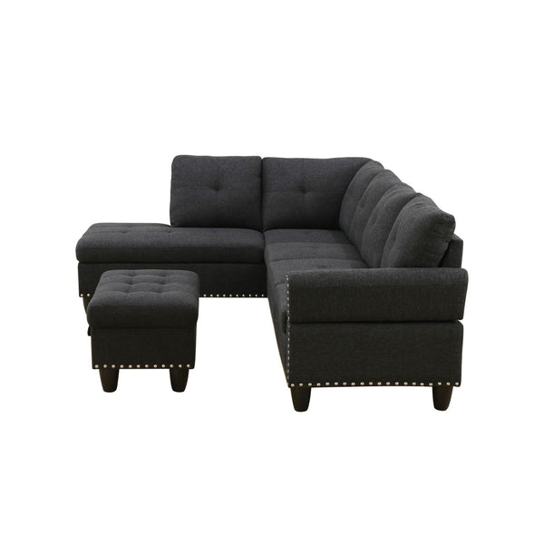 English Elm L Shaped Faux Leather Sectional Sofa with Cup Holders Tufted Nailhead Living Room Black Left W2817S00043