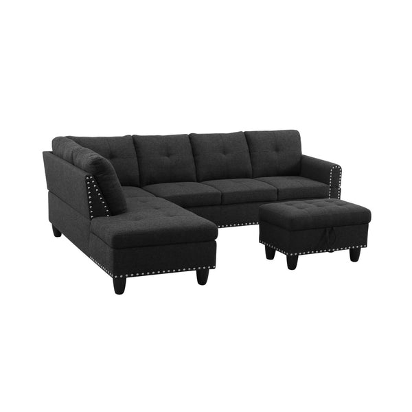 English Elm L Shaped Faux Leather Sectional Sofa with Cup Holders Tufted Nailhead Living Room Black Left W2817S00043