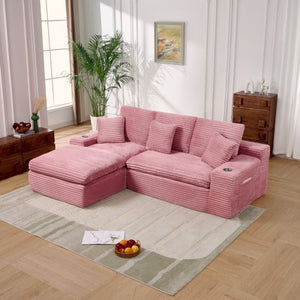 English Elm 98 Inch Corduroy L-Shaped Sectional Sofa with Cup Holders Deep Seat Living Room W2817S00044