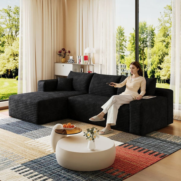 English Elm 95" Cloud U-shaped Sectional Plush Corduroy Deep Seat Sofa for Modern Living Rooms Black - A W2824P492200