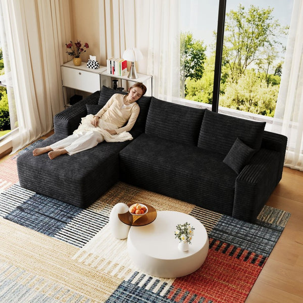 English Elm 95" Cloud U-shaped Sectional Plush Corduroy Deep Seat Sofa for Modern Living Rooms Black - A W2824P492200