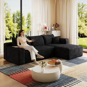 English Elm 95" Cloud U-shaped Sectional Plush Corduroy Deep Seat Sofa for Modern Living Rooms Black - B W2824P492201
