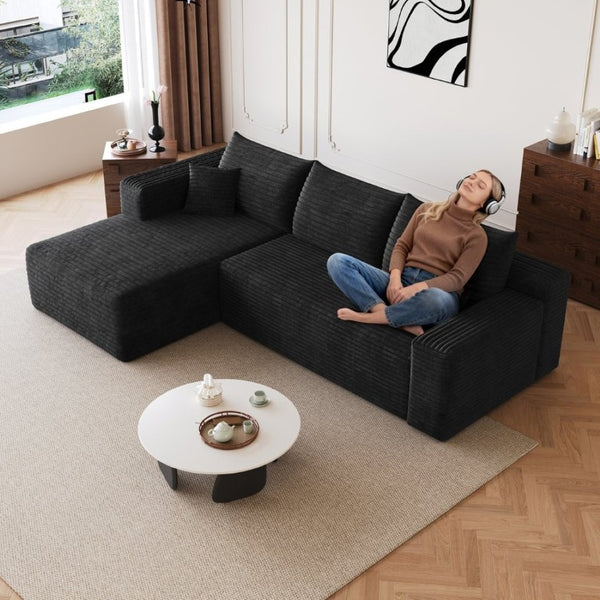 English Elm 96 Inch U Shaped Sectional in Black Corduroy Deep Seat Cloud Sofa for Living Room W2824P510986