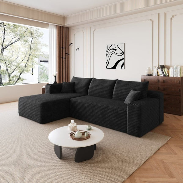 English Elm 96 Inch U Shaped Sectional in Black Corduroy Deep Seat Cloud Sofa for Living Room W2824P510986