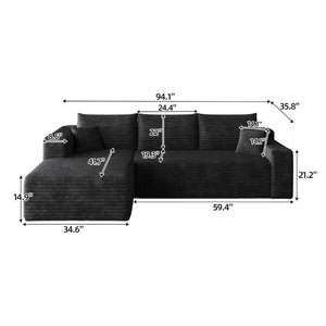 English Elm 96 Inch U Shaped Sectional in Black Corduroy Deep Seat Cloud Sofa for Living Room W2824P510986