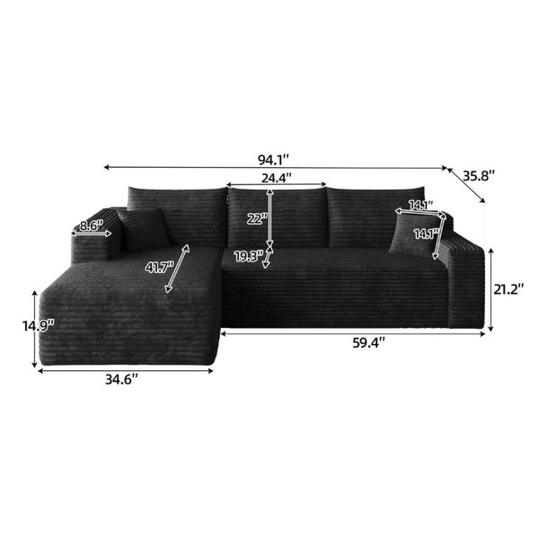 English Elm 96 Inch U Shaped Sectional in Black Corduroy Deep Seat Cloud Sofa for Living Room W2824P510986