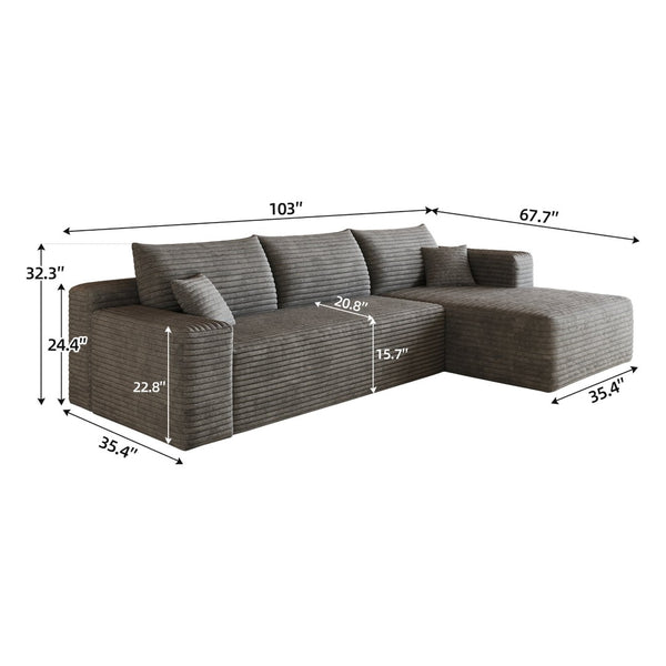 English Elm 103 Inch Cloud Sectional L Shaped Sofa Plush Corduroy Deep Seat Minimalist Lounge W2824P515745