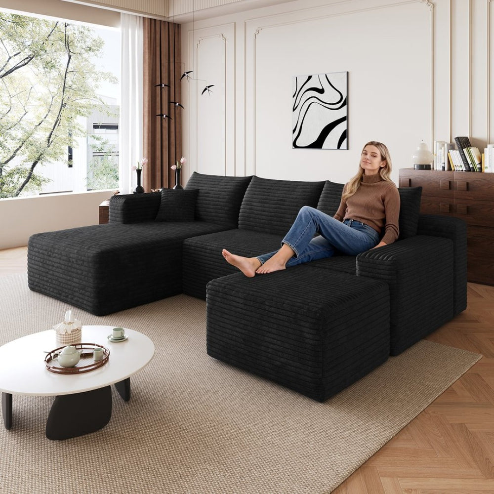 English Elm 95 Inch Cloud Sectional Sofa with Ottoman Plush Corduroy Deep Seat Modern Living W2824S00165