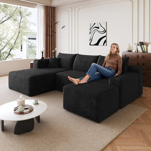 English Elm 95 Inch Cloud Sectional Sofa with Ottoman Plush Corduroy Deep Seat Modern Living W2824S00165