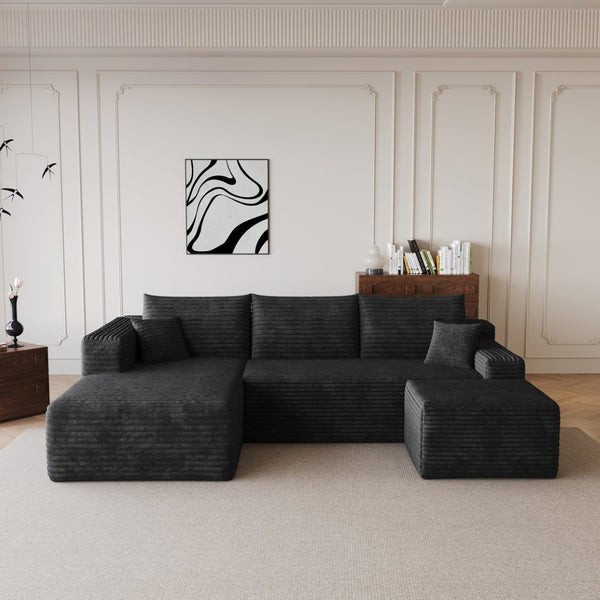 English Elm 95 Inch Cloud Sectional Sofa with Ottoman Plush Corduroy Deep Seat Modern Living W2824S00165