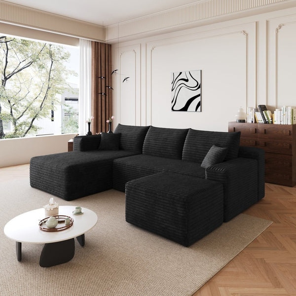 English Elm 95 Inch Cloud Sectional Sofa with Ottoman Plush Corduroy Deep Seat Modern Living W2824S00165