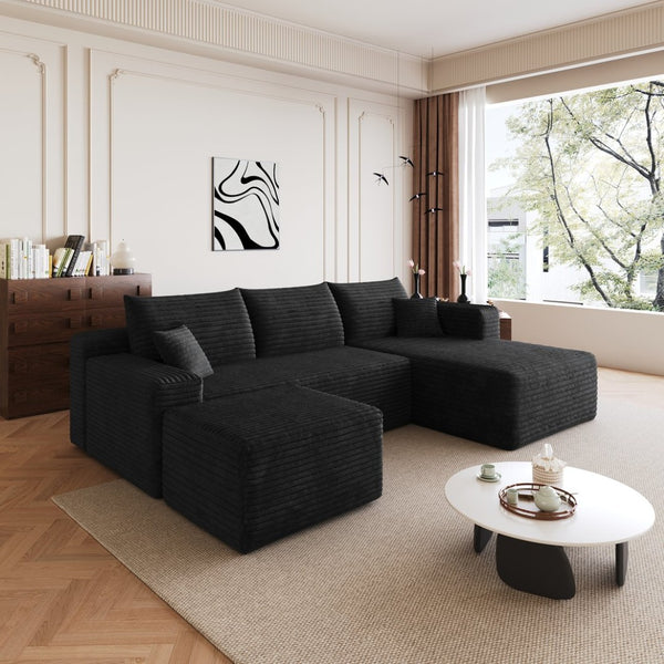 English Elm 95 Inch Cloud Sectional Sofa with Ottoman Corduroy Upholstery Deep Seat Minimalist W2824S00167
