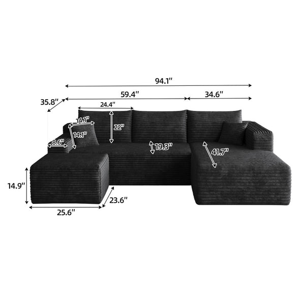 English Elm 95 Inch Cloud Sectional Sofa with Ottoman Corduroy Upholstery Deep Seat Minimalist W2824S00167