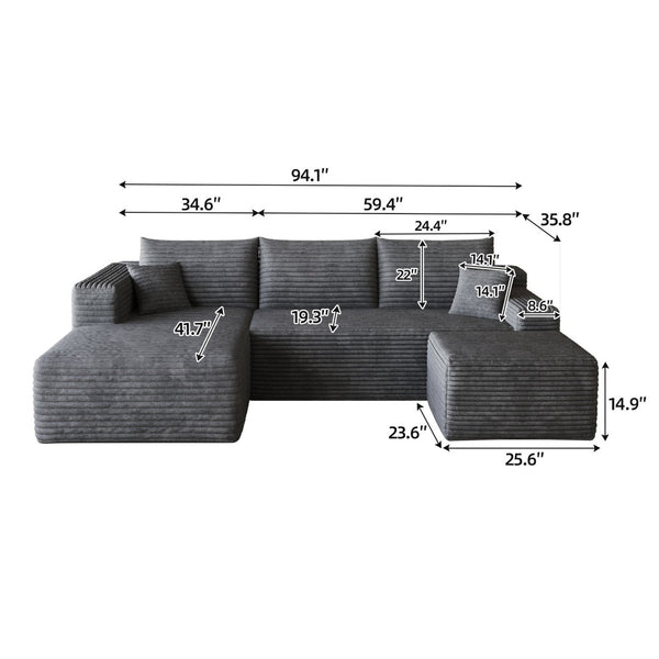 English Elm 95 Inch U Shaped Cloud Sectional Sofa Plush Corduroy Deep Seat with Ottoman Included W2824S00169