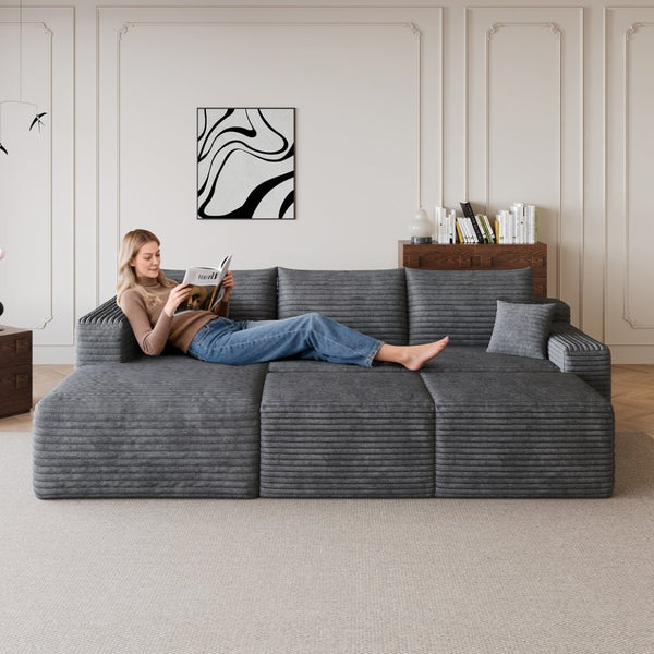 English Elm 95 Inch U Shaped Cloud Sectional Sofa Plush Corduroy Living Room Corner Couch Dark Grey - A W2824S00170