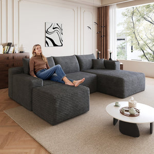 English Elm 95 Inch U Shaped Cloud Sectional Sofa with Ottoman Plush Corduroy Deep Seat Lounge W2824S00171