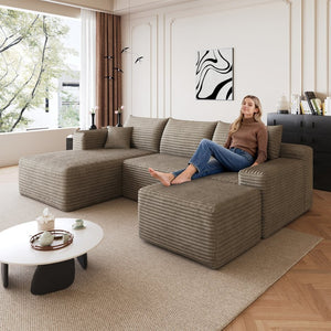 English Elm 95 Inch U Shaped Cloud Sectional with Ottoman Plush Corduroy Deep Seat Living Room Couch W2824S00173