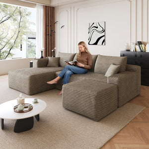 English Elm 95 Inch U Shaped Cloud Sectional with Ottoman Plush Corduroy Deep Seat Living Room Couch W2824S00173