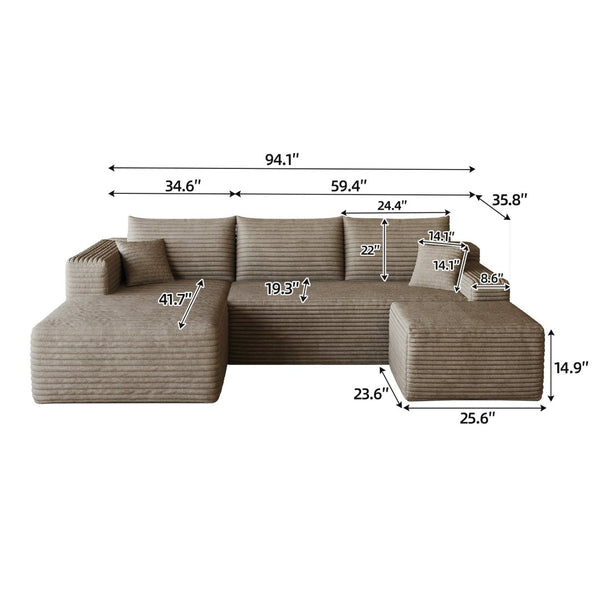 English Elm 95 Inch U Shaped Cloud Sectional with Ottoman Plush Corduroy Deep Seat Living Room Couch W2824S00173