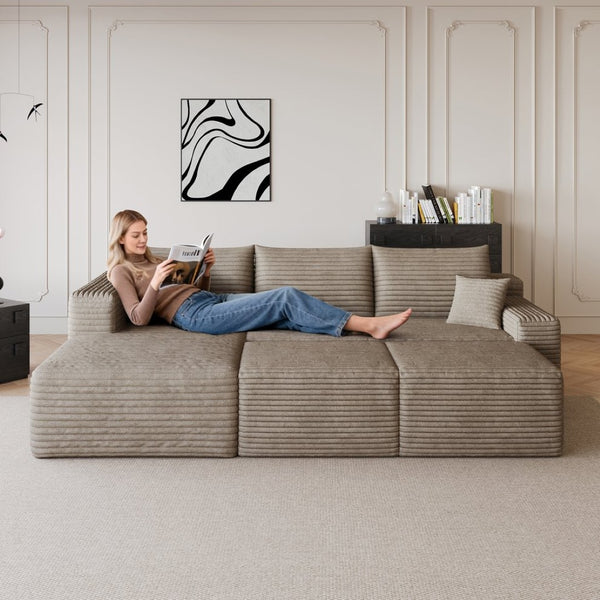 English Elm 95 Inch U Shaped Cloud Sectional Sofa Plush Corduroy Living Room Corner Couch Camel - A W2824S00174
