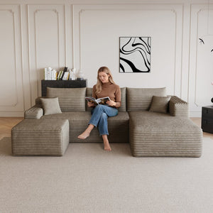 English Elm 95 Inch U Shaped Sectional Sofa with Ottoman Corduroy Plush Deep Seat Living Room W2824S00175