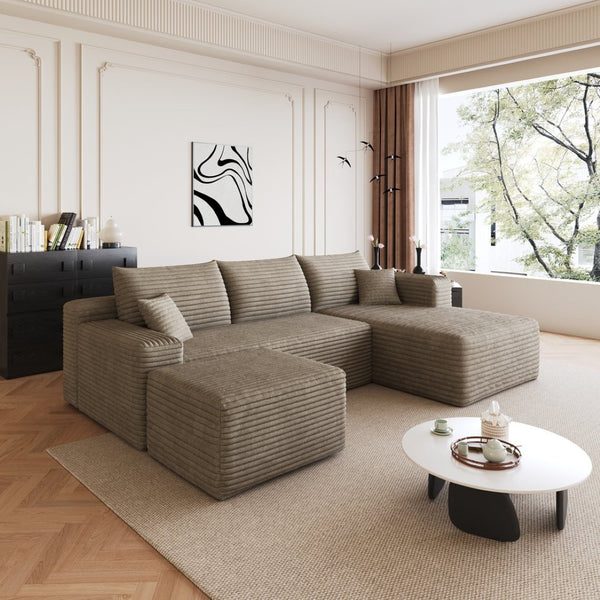 English Elm 95 Inch U Shaped Sectional Sofa with Ottoman Corduroy Plush Deep Seat Living Room W2824S00175