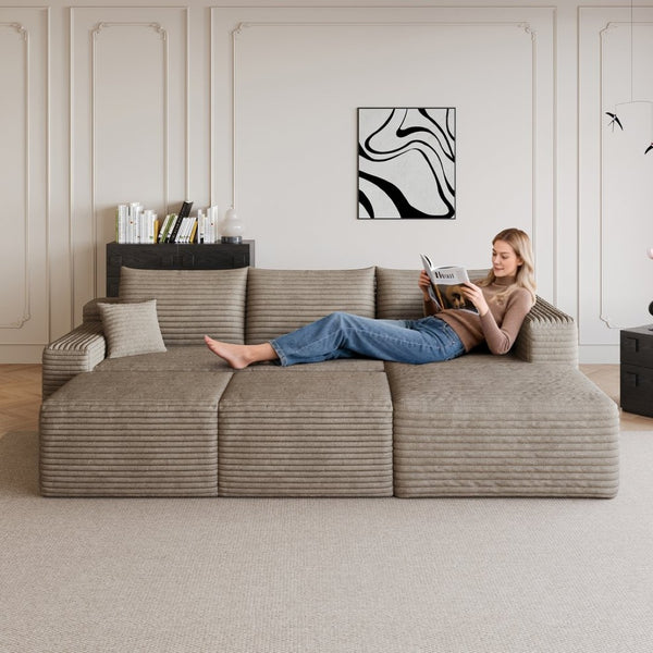 English Elm 95 Inch U Shaped Cloud Sectional Sofa Plush Corduroy Living Room Corner Couch Camel - B W2824S00176