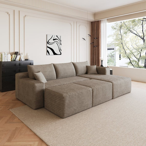 English Elm 95 Inch U Shaped Cloud Sectional Sofa Plush Corduroy Living Room Corner Couch Camel - B W2824S00176