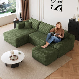 English Elm 95 Inch U Shaped Sectional Sofa with Ottoman Sage Corduroy Deep Seat Modern Lounge W2824S00177