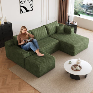 English Elm 95 Inch U Shaped Cloud Sectional with Ottoman Sage Corduroy Deep Seat Lounge Sofa W2824S00179