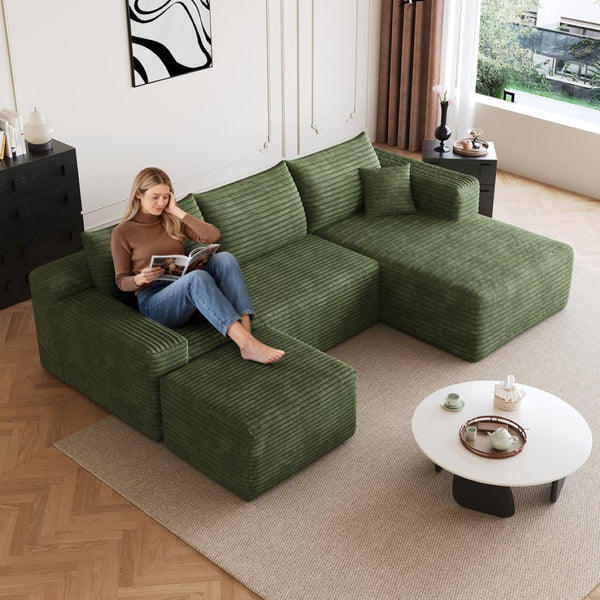English Elm 95 Inch U Shaped Cloud Sectional with Ottoman Sage Corduroy Deep Seat Lounge Sofa W2824S00179