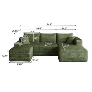 English Elm 95 Inch U Shaped Cloud Sectional with Ottoman Sage Corduroy Deep Seat Lounge Sofa W2824S00179