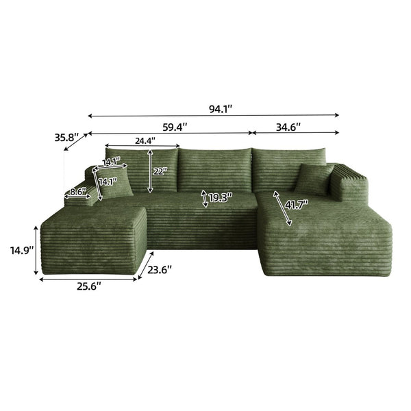 English Elm 95 Inch U Shaped Cloud Sectional with Ottoman Sage Corduroy Deep Seat Lounge Sofa W2824S00179