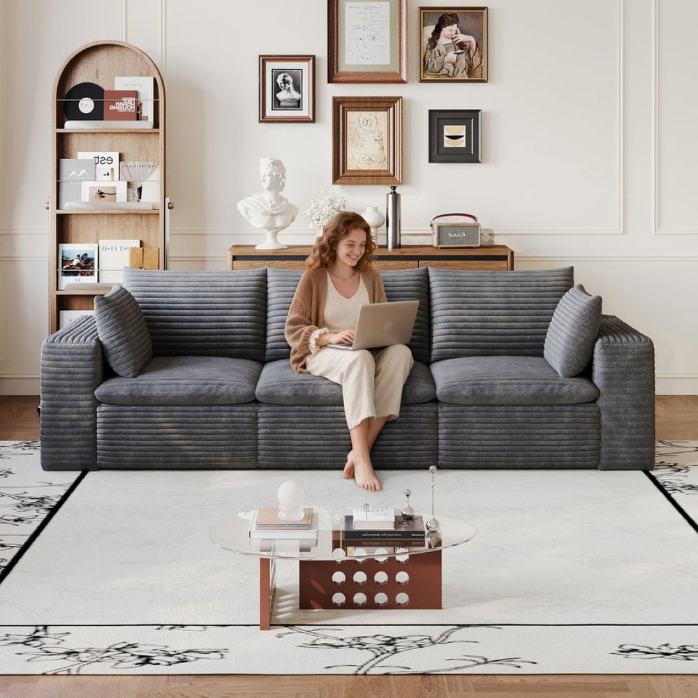 English Elm 102 Inch Modular Cloud Sofa Corduroy Upholstered Deep Seat Sectional for Living Room Dark Grey W2824S00223
