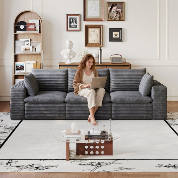 English Elm 102 Inch Modular Cloud Sofa Corduroy Upholstered Deep Seat Sectional for Living Room Dark Grey W2824S00223