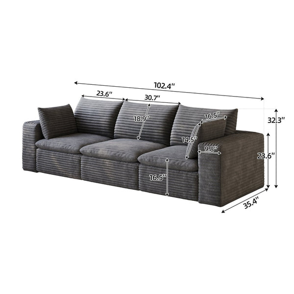 English Elm 102 Inch Modular Cloud Sofa Corduroy Upholstered Deep Seat Sectional for Living Room Dark Grey W2824S00223
