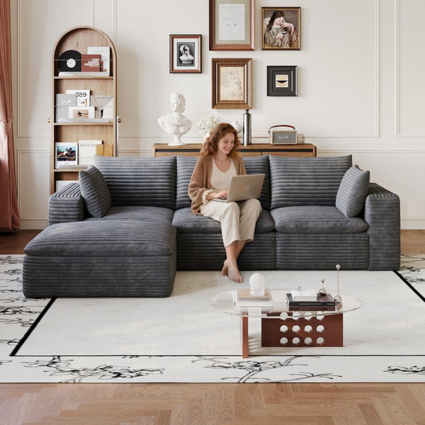 English Elm 102 Inch Corduroy Cloud Sectional Sofa with Deep Sink Seat and Modular Layout Dark Grey W2824S00224